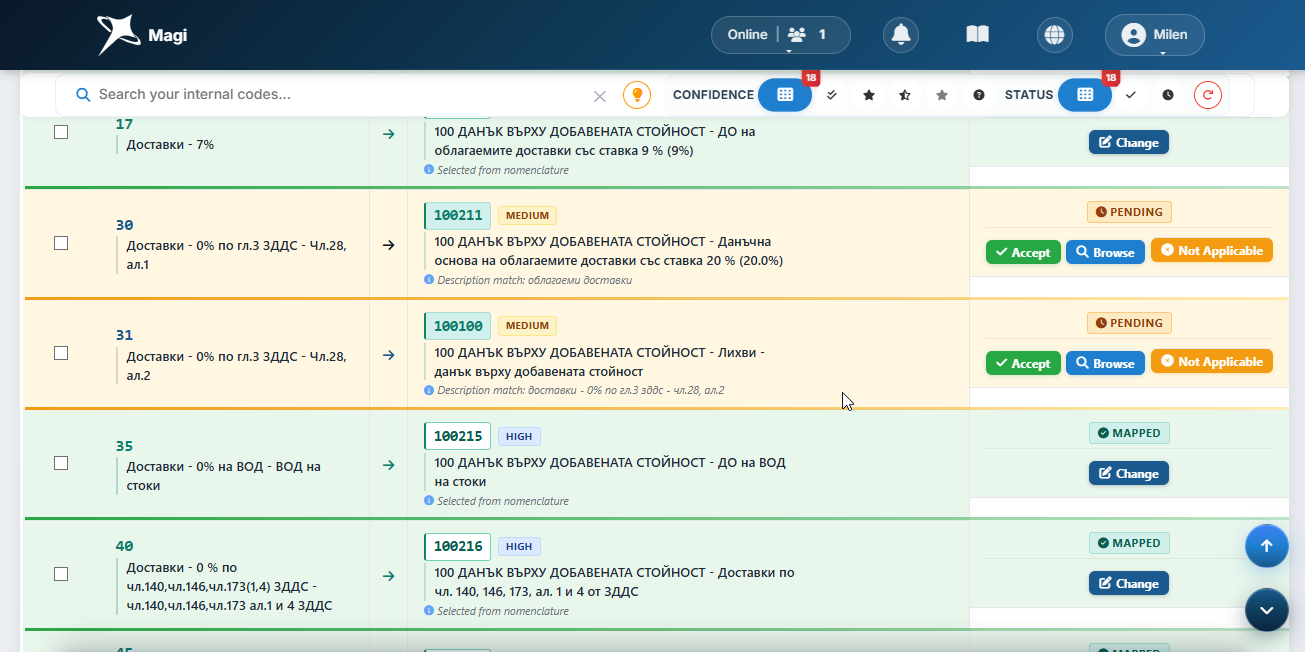Mapping table showing internal codes with SAF-T code suggestions and confidence scores