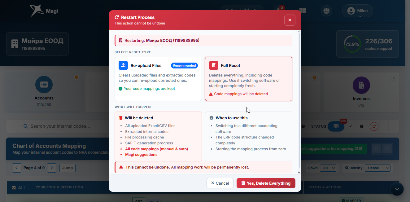 Restart window - Full Reset selected: red header, right card highlighted, irreversible warning visible