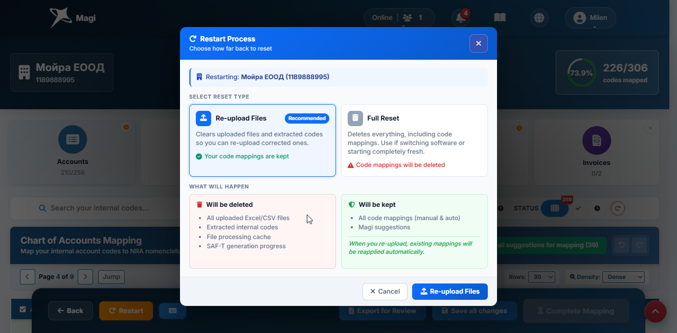 Restart window - Re-upload Files selected: blue header, left card highlighted, mappings-kept panel visible