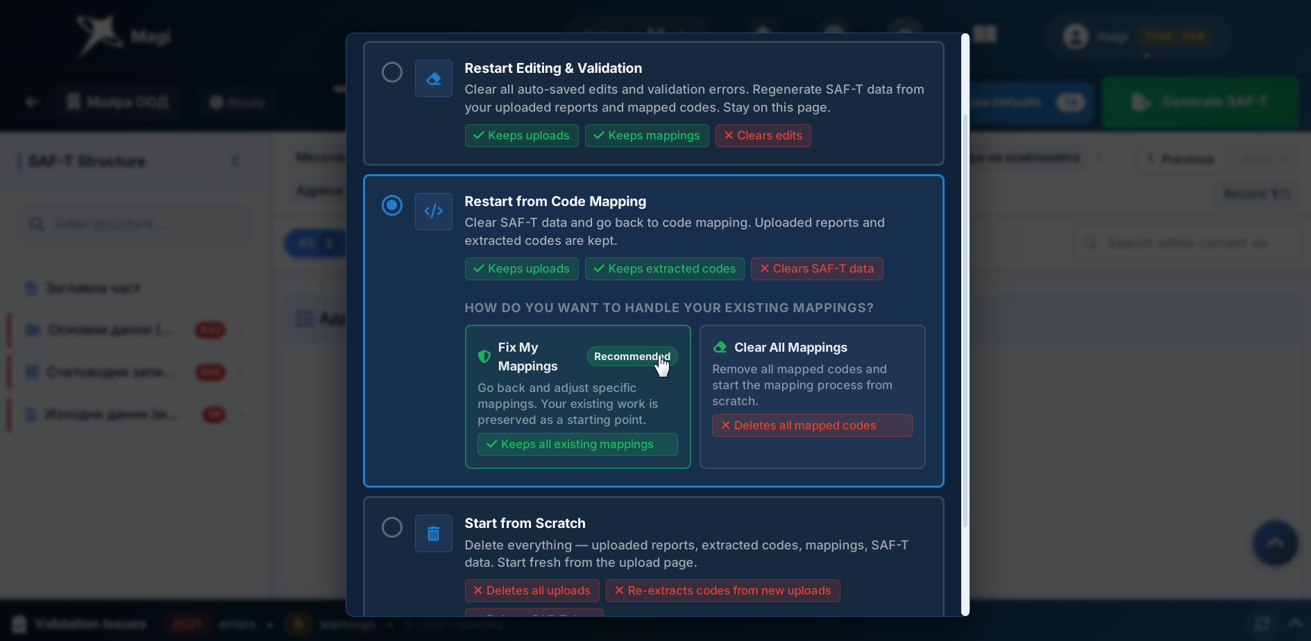 Restart from Code Mapping selected - the modal shows the mappings sub-choice expanded below the badge row, with two cards: Fix My Mappings (selected, highlighted in blue) with a shield icon and Keeps all existing mappings badge, and Clear All Mappings (unselected) with an eraser icon and Deletes all mapped codes badge.