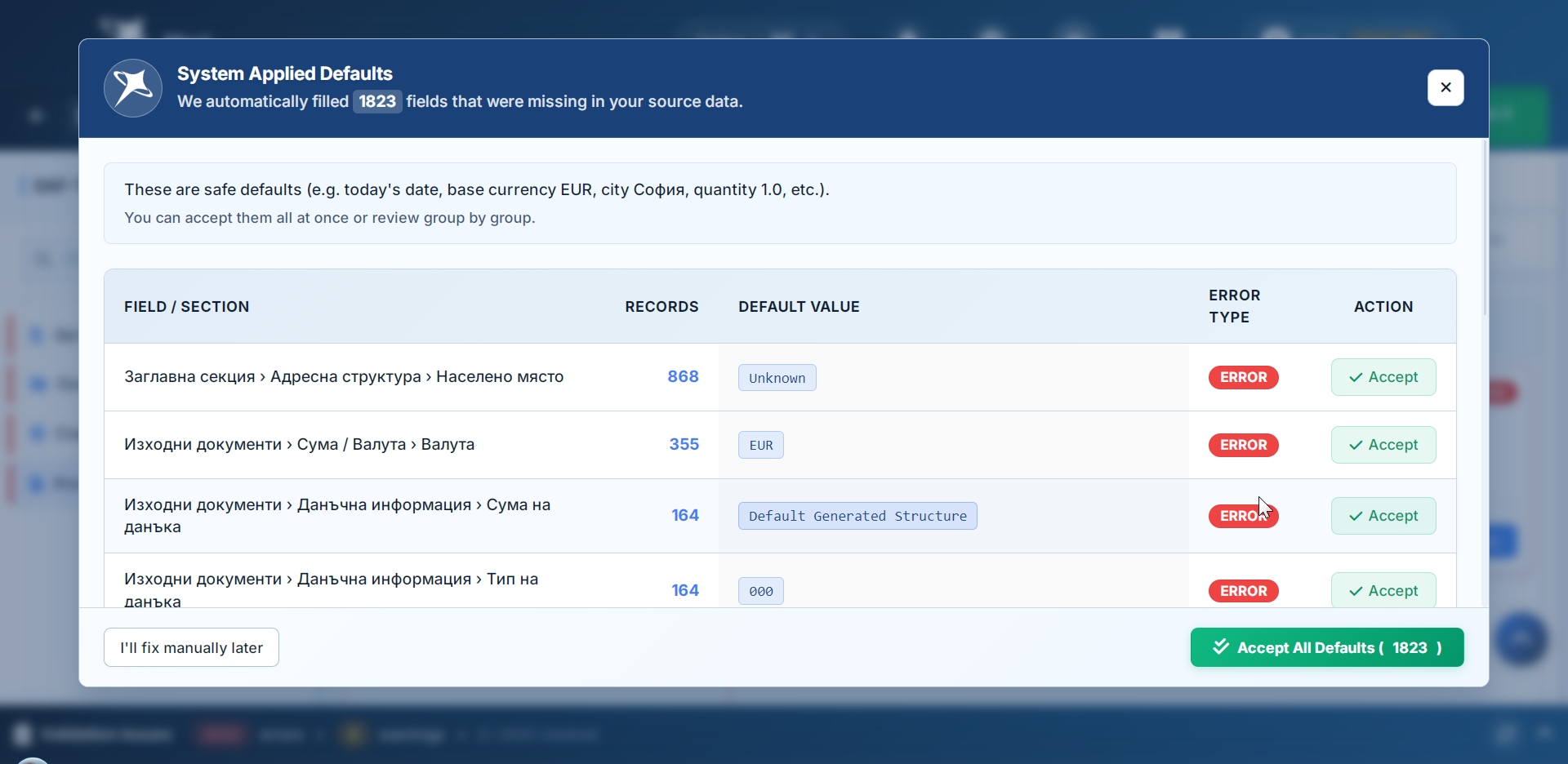 Review Defaults window screenshot - full window showing the dark navy header with Magi logo and System Applied Defaults title, the five-column table with three example rows (Country/BG/48 records/Warning, PaymentMechanism/TRF/12 records/Error, UOMBase/UN/134 records/Warning), each with a green Accept button, and the footer with I will fix manually later link and blue Accept All Defaults button. Highlight the badge count on the navbar Review Defaults button with a red callout arrow.">
                    </div>
                    <div class="hmw-subsection-image" style="aspect-ratio: 16/3;">
                        <img class="hmw-u-img-frame" src="/static/images/guide/en/saft-editor/editor-defaults-navbar-btn.fedb5f315a7a.png?v=2" alt="Close-up of the SAF-T Editor top navbar showing the Review Defaults button with a red badge displaying the number 3. The button shows the Magi logo icon and the text Review Defaults. A red callout arrow points to the badge. The rest of the navbar is slightly dimmed to draw focus.">
                    </div>
                </div>
            </div>

            <!-- ════════════════════════════════════════
                 7.3 - THE MAIN EDITING AREA
                 ════════════════════════════════════════ -->
            <div class="hmw-subsection" id="hmw-editor-forms">
                <div class="hmw-subsection-header">
                    <span class="hmw-subsection-num">8.3</span>
                    <h3 class="hmw-subsection-title">The main editing area</h3>
                </div>
                <div class="hmw-subsection-body">
                    <div class="hmw-subsection-info">
                        <p class="hmw-subsection-desc">The wide central panel is where you actually edit field values. When you click a section in the sidebar tree, this area loads its content. Three sub-zones stack vertically: the <strong>editor header</strong> (breadcrumb path + navigation buttons), the <strong>filtering strip</strong> (filter pills + search), and the <strong>content area</strong> (a table or a form depending on the selected section).</p>

                        <!-- ── Sub-zone A: breadcrumb + navigation ── -->
                        <p style="font-size:0.82rem;font-weight:700;color:#111827;margin:0.85rem 0 0.35rem;">A - Editor header</p>
                        <p class="hmw-u-body-mb4">The header strip shows you exactly where you are in the SAF-T tree and lets you move up and across without going back to the sidebar.</p>

                        <div style="background:white;border:1px solid #e5e7eb;border-radius:8px;overflow:hidden;margin:0.55rem 0 1rem;box-shadow:0 1px 4px rgba(0,0,0,0.06);">
                            <!-- Breadcrumb + nav replica -->
                            <div style="display:flex;align-items:center;justify-content:space-between;padding:0.7rem 1.1rem;background:#fafafa;gap:0.75rem;flex-wrap:wrap;">
                                <div style="display:flex;align-items:center;gap:0.3rem;font-size:0.78rem;color:#6b7280;min-width:0;flex:1;flex-wrap:wrap;">
                                    <span style="color:#1e7fcf;font-weight:600;cursor:default;">MasterFiles</span>
                                    <i class="fas fa-chevron-right" style="font-size:0.58rem;color:#d1d5db;"></i>
                                    <span style="color:#111827;font-weight:600;">Customers</span>
                                    <i class="fas fa-chevron-right" style="font-size:0.58rem;color:#d1d5db;"></i>
                                    <span style="color:#6b7280;font-style:italic;">Record 5 of 48</span>
                                </div>
                                <div style="display:flex;gap:0.4rem;align-items:center;flex-shrink:0;">
                                    <button style="padding:0.36rem 0.7rem;background:white;border:1.5px solid #d1d5db;border-radius:6px;color:#374151;font-size:0.74rem;font-weight:500;display:flex;align-items:center;gap:0.28rem;cursor:default;">
                                        <i class="fas fa-chevron-left" style="font-size:0.65rem;"></i> Up
                                    </button>
                                    <button style="width:32px;height:30px;background:white;border:1.5px solid #d1d5db;border-radius:6px;color:#374151;font-size:0.78rem;display:flex;align-items:center;justify-content:center;cursor:default;" title="Next section">
                                        <i class="fas fa-chevron-right"></i>
                                    </button>
                                </div>
                            </div>
                        </div>

                        <div style="display:flex;flex-direction:column;gap:0.5rem;font-size:0.77rem;color:#374151;line-height:1.6;margin-bottom:0.85rem;">
                            <div class="hmw-u-row-top-sm">
                                <span class="hmw-u-num-sm">1</span>
                                <p class="hmw-u-body-p"><strong>Breadcrumb</strong> - Shows the full path from the SAF-T root to the current section. Blue segments are parent sections - click any of them to jump up the tree. The last segment (grey italic) shows the current record position within a collection.</p>
                            </div>
                            <div class="hmw-u-row-top-sm">
                                <span class="hmw-u-num-sm">2</span>
                                <p class="hmw-u-body-p"><strong>Up button</strong> - Moves one level up in the hierarchy - from a record back to its parent table, or from a nested object back to its parent form. Mirrors clicking the blue segment in the breadcrumb.</p>
                            </div>
                            <div class="hmw-u-row-top-sm">
                                <span class="hmw-u-num-sm">3</span>
                                <p class="hmw-u-body-p"><strong>Next Section button</strong> - Jumps to the next sibling section in the tree - for example from Customers to Suppliers. Useful for working through all sections one by one without touching the sidebar.</p>
                            </div>
                        </div>

                        <!-- ── Sub-zone B: filtering strip ── -->
                        <p style="font-size:0.82rem;font-weight:700;color:#111827;margin:0.85rem 0 0.35rem;">B - Filtering strip</p>
                        <p class="hmw-u-body-mb4">When a section has many records the filtering strip lets you narrow the view to just the records that need attention, without scrolling through everything.</p>

                        <div style="background:white;border:1px solid #e5e7eb;border-radius:8px;overflow:hidden;margin:0.55rem 0 1rem;box-shadow:0 1px 4px rgba(0,0,0,0.06);">
                            <div style="display:flex;align-items:center;gap:0.5rem;padding:0.55rem 1.1rem;flex-wrap:wrap;">
                                <div style="display:flex;gap:0.35rem;align-items:center;flex-wrap:wrap;">
                                    <div style="padding:0.38rem 0.65rem;background:#1e7fcf;border:1px solid #1e7fcf;border-radius:18px;color:white;font-size:0.71rem;font-weight:500;display:flex;align-items:center;gap:0.3rem;height:26px;box-shadow:0 1px 4px rgba(30,127,207,0.25);">
                                        <span>All</span><span style="background:rgba(0,0,0,0.22);padding:0.05rem 0.32rem;border-radius:10px;font-size:0.67rem;font-weight:700;">48</span>
                                    </div>
                                    <div style="padding:0.38rem 0.65rem;background:white;border:1px solid #fca5a5;border-radius:18px;color:#dc2626;font-size:0.71rem;font-weight:500;display:flex;align-items:center;gap:0.3rem;height:26px;">
                                        <span>Errors</span><span style="background:rgba(220,38,38,0.1);padding:0.05rem 0.32rem;border-radius:10px;font-size:0.67rem;font-weight:700;">2</span>
                                    </div>
                                    <div style="padding:0.38rem 0.65rem;background:white;border:1px solid #fcd34d;border-radius:18px;color:#b45309;font-size:0.71rem;font-weight:500;display:flex;align-items:center;gap:0.3rem;height:26px;">
                                        <span>Warnings</span><span style="background:rgba(180,83,9,0.08);padding:0.05rem 0.32rem;border-radius:10px;font-size:0.67rem;font-weight:700;">5</span>
                                    </div>
                                    <div style="padding:0.38rem 0.65rem;background:white;border:1px solid #d1d5db;border-radius:18px;color:#6b7280;font-size:0.71rem;font-weight:500;display:flex;align-items:center;gap:0.3rem;height:26px;">
                                        <span>Auto-corrected</span><span style="background:rgba(107,114,128,0.1);padding:0.05rem 0.32rem;border-radius:10px;font-size:0.67rem;font-weight:700;">3</span>
                                    </div>
                                </div>
                                <div style="flex:1;min-width:140px;display:flex;align-items:center;gap:0.3rem;border:1px solid #d1d5db;border-radius:6px;padding:0.32rem 0.6rem;background:white;">
                                    <i class="fas fa-search" style="color:#9ca3af;font-size:0.75rem;flex-shrink:0;"></i>
                                    <span style="font-size:0.74rem;color:#9ca3af;flex:1;">Search within current view...</span>
                                </div>
                            </div>
                        </div>

                        <div style="display:flex;flex-direction:column;gap:0.5rem;font-size:0.77rem;color:#374151;line-height:1.6;margin-bottom:0.85rem;">
                            <div class="hmw-u-row-top-sm">
                                <span class="hmw-u-num-sm">1</span>
                                <p class="hmw-u-body-p"><strong style="color:#1e7fcf;">All</strong> - Shows every record in the current section. The count in the badge is the total record count. This is the default view.</p>
                            </div>
                            <div class="hmw-u-row-top-sm">
                                <span class="hmw-u-num-sm">2</span>
                                <p class="hmw-u-body-p"><strong style="color:#dc2626;">Errors</strong> - Hides all clean records and shows only those with at least one validation error. Use this to quickly find and fix every record blocking submission.</p>
                            </div>
                            <div class="hmw-u-row-top-sm">
                                <span class="hmw-u-num-sm">3</span>
                                <p class="hmw-u-body-p"><strong style="color:#b45309;">Warnings</strong> - Shows only records with warnings. Warnings do not block generation but the NRA may flag the submission for review if key recommended fields are missing.</p>
                            </div>
                            <div class="hmw-u-row-top-sm">
                                <span class="hmw-u-num-sm">4</span>
                                <p class="hmw-u-body-p"><strong style="color:#6b7280;">Auto-corrected</strong> - Shows records where Magi filled in a placeholder value. Handy for checking whether the substituted values actually make sense for your data.</p>
                            </div>
                            <div class="hmw-u-row-top-sm">
                                <span class="hmw-u-num-sm">5</span>
                                <p class="hmw-u-body-p"><strong>Search</strong> - Filters by text across all visible field values in the current section. Works on top of an active pill filter - for example Errors + a company name shows only error records that match the search term.</p>
                            </div>
                        </div>

                        <!-- ── Sub-zone C: field states ── -->
                        <p style="font-size:0.82rem;font-weight:700;color:#111827;margin:0.85rem 0 0.35rem;">C - Field states</p>
                        <p class="hmw-u-body-mb4">Every input field in the editor has one of five visual states. The state updates instantly when you move away from a field after editing it.</p>

                        <!-- Field states replica - light form card -->
                        <div style="background:white;border:1px solid #e5e7eb;border-radius:10px;overflow:hidden;margin:0.55rem 0 1rem;box-shadow:0 1px 6px rgba(0,0,0,0.07);">
                            <!-- Card header -->
                            <div style="display:flex;align-items:center;justify-content:space-between;padding:0.65rem 1rem;background:#f9fafb;border-bottom:1px solid #e5e7eb;min-height:44px;">
                                <span style="font-size:0.88rem;font-weight:600;color:#111827;display:flex;align-items:center;gap:0.45rem;">
                                    <i class="fas fa-user" style="color:#1e7fcf;"></i> Customer - Record 5
                                </span>
                                <span style="font-size:0.7rem;color:#9ca3af;">Fields shown: all</span>
                            </div>
                            <!-- Field grid -->
                            <div style="display:grid;grid-template-columns:repeat(auto-fill,minmax(200px,1fr));gap:1rem 1.25rem;padding:1rem;">

                                <!-- Field 1: normal / untouched -->
                                <div style="display:flex;flex-direction:column;gap:4px;">
                                    <div style="display:flex;align-items:center;gap:4px;margin-bottom:2px;">
                                        <span style="font-size:0.68rem;font-weight:500;color:#374151;">CompanyName</span>
                                    </div>
                                    <div style="position:relative;">
                                        <input type="text" value="Акме Индустрии АД" readonly style="width:100%;padding:0.42rem 0.75rem;background:white;border:1px solid #d1d5db;border-radius:6px;color:#111827;font-size:0.78rem;cursor:default;height:32px;box-sizing:border-box;">
                                    </div>
                                    <span style="font-size:0.65rem;color:#9ca3af;">Neutral - not yet validated or no issues found.</span>
                                </div>

                                <!-- Field 2: error -->
                                <div style="display:flex;flex-direction:column;gap:4px;">
                                    <div style="display:flex;align-items:center;gap:4px;margin-bottom:2px;">
                                        <span style="font-size:0.68rem;font-weight:500;color:#374151;">TaxRegistrationNumber<span style="color:#dc2626;margin-left:2px;font-weight:700;">*</span></span>
                                    </div>
                                    <div style="position:relative;">
                                        <input type="text" value="" placeholder="Required" readonly style="width:100%;padding:0.42rem 0.75rem;background:#fef2f2;border:1.5px solid #ef4444;border-radius:6px;color:#374151;font-size:0.78rem;cursor:default;height:32px;box-sizing:border-box;box-shadow:0 0 0 2px rgba(239,68,68,0.08);">
                                    </div>
                                    <span style="font-size:0.65rem;background:#fef2f2;border:1px solid #fca5a5;border-radius:4px;padding:0.18rem 0.5rem;color:#dc2626;display:inline-flex;align-items:center;gap:0.3rem;"><i class="fas fa-times-circle" style="font-size:0.58rem;"></i> Required field is empty.</span>
                                </div>

                                <!-- Field 3: warning -->
                                <div style="display:flex;flex-direction:column;gap:4px;">
                                    <div style="display:flex;align-items:center;gap:4px;margin-bottom:2px;">
                                        <span style="font-size:0.68rem;font-weight:500;color:#374151;">Telephone</span>
                                    </div>
                                    <div style="position:relative;">
                                        <input type="text" value="+359 2 xxxxxxx" readonly style="width:100%;padding:0.42rem 0.75rem;background:#fffbeb;border:1.5px solid #f59e0b;border-radius:6px;color:#111827;font-size:0.78rem;cursor:default;height:32px;box-sizing:border-box;box-shadow:0 0 0 2px rgba(245,158,11,0.08);">
                                    </div>
                                    <span style="font-size:0.65rem;background:#fffbeb;border:1px solid #fcd34d;border-radius:4px;padding:0.18rem 0.5rem;color:#b45309;display:inline-flex;align-items:center;gap:0.3rem;"><i class="fas fa-exclamation-triangle" style="font-size:0.58rem;"></i> Format may be invalid.</span>
                                </div>

                                <!-- Field 4: valid -->
                                <div style="display:flex;flex-direction:column;gap:4px;">
                                    <div style="display:flex;align-items:center;gap:4px;margin-bottom:2px;">
                                        <span style="font-size:0.68rem;font-weight:500;color:#374151;">Country<span style="color:#dc2626;margin-left:2px;font-weight:700;">*</span></span>
                                    </div>
                                    <div style="position:relative;">
                                        <input type="text" value="BG" readonly style="width:100%;padding:0.42rem 2rem 0.42rem 0.75rem;background:white;border:1.5px solid #10b981;border-radius:6px;color:#111827;font-size:0.78rem;cursor:default;height:32px;box-sizing:border-box;box-shadow:0 0 0 2px rgba(16,185,129,0.08);">
                                        <i class="fas fa-check" style="position:absolute;right:8px;top:50%;transform:translateY(-50%);color:#10b981;font-size:0.7rem;pointer-events:none;"></i>
                                    </div>
                                    <span style="font-size:0.65rem;color:#9ca3af;">Value is valid.</span>
                                </div>

                                <!-- Field 5: auto-corrected -->
                                <div style="display:flex;flex-direction:column;gap:4px;">
                                    <div style="display:flex;align-items:center;gap:4px;margin-bottom:2px;">
                                        <span style="font-size:0.68rem;font-weight:500;color:#374151;">City</span>
                                    </div>
                                    <div style="position:relative;">
                                        <input type="text" value="София" readonly style="width:100%;padding:0.42rem 0.75rem;background:#f9fafb;border:1.5px solid #9ca3af;border-radius:6px;color:#111827;font-size:0.78rem;cursor:default;height:32px;box-sizing:border-box;box-shadow:0 0 0 2px rgba(156,163,175,0.08);">
                                    </div>
                                    <span style="font-size:0.65rem;background:#f9fafb;border:1px solid #d1d5db;border-radius:4px;padding:0.18rem 0.5rem;color:#6b7280;display:inline-flex;align-items:center;gap:0.3rem;"><i class="fas fa-magic" style="font-size:0.58rem;"></i> Auto-corrected by Magi.</span>
                                </div>

                            </div>
                        </div>

                        <!-- Field state callouts -->
                        <div style="display:flex;flex-direction:column;gap:0.5rem;font-size:0.77rem;color:#374151;line-height:1.6;margin-bottom:0.85rem;">
                            <div class="hmw-u-row-top-sm">
                                <span class="hmw-u-num-sm">1</span>
                                <p class="hmw-u-body-p"><strong>Neutral</strong> (subtle border) - The field has a value and no issues. This is the resting state. Fields also start here when you first open a section.</p>
                            </div>
                            <div class="hmw-u-row-top-sm">
                                <span class="hmw-u-num-sm">2</span>
                                <p class="hmw-u-body-p"><strong style="color:#ef4444;">Error</strong> (red border + message) - The field has a critical problem - for example it is empty but required (marked with a red <strong>*</strong>), or the value does not match the allowed format. You must fix these before the file can be submitted.</p>
                            </div>
                            <div class="hmw-u-row-top-sm">
                                <span class="hmw-u-num-sm">3</span>
                                <p class="hmw-u-body-p"><strong style="color:#b45309;">Warning</strong> (amber border + message) - The field has a value but something looks suspicious - for example a phone number with placeholder characters. Warnings do not block submission.</p>
                            </div>
                            <div class="hmw-u-row-top-sm">
                                <span class="hmw-u-num-sm">4</span>
                                <p class="hmw-u-body-p"><strong style="color:#10b981;">Valid</strong> (green border + tick) - The value just passed validation after you edited it. The green state clears automatically the next time you open the section.</p>
                            </div>
                            <div class="hmw-u-row-top-sm">
                                <span class="hmw-u-num-sm">5</span>
                                <p class="hmw-u-body-p"><strong style="color:#9ca3af;">Auto-corrected</strong> (grey border + label) - Magi filled this field automatically. You can overwrite it freely - typing in the field removes the grey state immediately.</p>
                            </div>
                        </div>

                        <div class="hmw-callout info">
                            <i class="fas fa-info-circle"></i>
                            <div><strong>Validation updates the moment you leave a field.</strong> When you type in a field and then move away (press Tab or click elsewhere), the field validates itself instantly and the error/warning counts in the navbar and drawer update in real time. You do not need to click Validate All for individual field changes.</div>
                        </div>

                        <!-- ── Sub-zone D: nomenclature browser ── -->
                        <p style="font-size:0.82rem;font-weight:700;color:#111827;margin:0.85rem 0 0.35rem;">D - Nomenclature browser</p>
                        <p class="hmw-u-body-mb4">Some fields must contain a code from a fixed SAF-T list - for example a country code, a unit of measure, or a tax type. These fields display a <strong>Browse</strong> button directly below the input. Clicking it opens the nomenclature browser, a searchable panel that lets you find and select the correct code without memorising any codes.</p>

                        <!-- Browse button replica -->
                        <div style="background:white;border:1px solid #e5e7eb;border-radius:8px;overflow:hidden;margin:0.55rem 0 1rem;box-shadow:0 1px 4px rgba(0,0,0,0.06);">
                            <div style="display:grid;grid-template-columns:repeat(auto-fill,minmax(200px,1fr));gap:1rem 1.25rem;padding:1rem;">
                                <div style="display:flex;flex-direction:column;gap:4px;">
                                    <div style="display:flex;align-items:center;gap:4px;margin-bottom:2px;">
                                        <span style="font-size:0.68rem;font-weight:500;color:#374151;">Country<span style="color:#dc2626;margin-left:2px;font-weight:700;">*</span></span>
                                    </div>
                                    <div style="position:relative;">
                                        <input type="text" value="BG" readonly style="width:100%;padding:0.42rem 0.75rem;background:white;border:1px solid #d1d5db;border-radius:6px;color:#111827;font-size:0.78rem;cursor:default;height:32px;box-sizing:border-box;">
                                    </div>
                                    <button style="margin-top:0.5rem;display:inline-flex;align-items:center;gap:0.5rem;padding:0 0.8rem;background:rgba(59,130,246,0.05);border:1px solid rgba(59,130,246,0.2);border-radius:6px;color:#3b82f6;font-size:0.8125rem;font-weight:600;cursor:default;width:fit-content;height:36px;">
                                        <i class="fas fa-search" style="font-size:0.65rem;"></i> Browse ISO3166-2-CountryCodes
                                    </button>
                                </div>
                                <div style="display:flex;flex-direction:column;gap:4px;">
                                    <div style="display:flex;align-items:center;gap:4px;margin-bottom:2px;">
                                        <span style="font-size:0.68rem;font-weight:500;color:#374151;">UOMBase<span style="color:#dc2626;margin-left:2px;font-weight:700;">*</span></span>
                                    </div>
                                    <div style="position:relative;">
                                        <input type="text" value="" placeholder="Required" readonly style="width:100%;padding:0.42rem 0.75rem;background:#fef2f2;border:1.5px solid #ef4444;border-radius:6px;color:#374151;font-size:0.78rem;cursor:default;height:32px;box-sizing:border-box;">
                                    </div>
                                    <button style="margin-top:0.5rem;display:inline-flex;align-items:center;gap:0.5rem;padding:0 0.8rem;background:rgba(59,130,246,0.05);border:1px solid rgba(59,130,246,0.2);border-radius:6px;color:#3b82f6;font-size:0.8125rem;font-weight:600;cursor:default;width:fit-content;height:36px;">
                                        <i class="fas fa-search" style="font-size:0.65rem;"></i> Browse UOM
                                    </button>
                                </div>
                            </div>
                        </div>

                        <!-- Nomenclature browser modal replica (dark) -->
                        <p style="font-size:0.78rem;font-weight:600;color:#374151;margin:0.85rem 0 0.3rem;">Inside the nomenclature browser</p>
                        <div style="background:rgba(15,35,58,0.97);border:1px solid rgba(94,159,246,0.3);border-radius:10px;overflow:hidden;margin:0 0 1rem;box-shadow:0 8px 24px rgba(0,0,0,0.35);">
                            <!-- Modal header -->
                            <div style="display:flex;align-items:center;justify-content:space-between;padding:0.75rem 1.2rem;border-bottom:1px solid rgba(255,255,255,0.08);">
                                <span style="font-size:0.85rem;font-weight:600;color:white;display:flex;align-items:center;gap:0.4rem;">
                                    <i class="fas fa-list" style="color:rgba(255,255,255,0.65);"></i> Browse ISO3166-2-CountryCodes
                                </span>
                                <button style="width:26px;height:26px;background:rgba(255,255,255,0.08);border:1px solid rgba(255,255,255,0.12);border-radius:5px;color:rgba(255,255,255,0.6);font-size:0.75rem;display:flex;align-items:center;justify-content:center;cursor:default;"><i class="fas fa-times"></i></button>
                            </div>
                            <!-- Search bar -->
                            <div style="padding:0.65rem 1.2rem;border-bottom:1px solid rgba(255,255,255,0.05);">
                                <div style="display:flex;align-items:center;gap:0.4rem;background:rgba(0,0,0,0.3);border:1px solid rgba(255,255,255,0.1);border-radius:6px;padding:0.35rem 0.7rem;">
                                    <i class="fas fa-search" style="color:rgba(255,255,255,0.35);font-size:0.72rem;flex-shrink:0;"></i>
                                    <span style="font-size:0.73rem;color:rgba(255,255,255,0.3);flex:1;">Search by code or description...</span>
                                </div>
                            </div>
                            <!-- Results table -->
                            <div style="padding:0.5rem 1.2rem 0.5rem;">
                                <table style="width:100%;border-collapse:collapse;font-size:0.74rem;">
                                    <thead>
                                        <tr>
                                            <th style="width:120px;padding:0.5rem 0.6rem;text-align:left;border-bottom:1px solid rgba(255,255,255,0.1);color:rgba(255,255,255,0.5);font-weight:500;">Code</th>
                                            <th style="padding:0.5rem 0.6rem;text-align:left;border-bottom:1px solid rgba(255,255,255,0.1);color:rgba(255,255,255,0.5);font-weight:500;">Description</th>
                                        </tr>
                                    </thead>
                                    <tbody>
                                        <tr style="background:rgba(255,255,255,0.04);">
                                            <td style="padding:0.45rem 0.6rem;color:rgba(255,255,255,0.65);border-radius:3px 0 0 3px;">BG</td>
                                            <td style="padding:0.45rem 0.6rem;color:rgba(255,255,255,0.75);">Bulgaria</td>
                                        </tr>
                                        <tr style="background:rgba(30,127,207,0.22);border:1px solid rgba(30,127,207,0.4);">
                                            <td style="padding:0.45rem 0.6rem;color:#60a5fa;font-weight:600;">DE</td>
                                            <td style="padding:0.45rem 0.6rem;color:rgba(255,255,255,0.85);">Germany</td>
                                        </tr>
                                        <tr>
                                            <td style="padding:0.45rem 0.6rem;color:rgba(255,255,255,0.65);">GB</td>
                                            <td style="padding:0.45rem 0.6rem;color:rgba(255,255,255,0.55);">United Kingdom</td>
                                        </tr>
                                    </tbody>
                                </table>
                            </div>
                            <!-- Modal footer -->
                            <div style="display:flex;justify-content:space-between;align-items:center;padding:0.7rem 1.2rem;border-top:1px solid rgba(255,255,255,0.07);">
                                <button style="padding:0.38rem 0.8rem;background:rgba(255,255,255,0.06);border:1px solid rgba(255,255,255,0.12);border-radius:6px;color:rgba(255,255,255,0.65);font-size:0.73rem;cursor:default;display:flex;align-items:center;gap:0.3rem;"><i class="fas fa-times"></i> Cancel</button>
                                <button style="padding:0.38rem 0.85rem;background:linear-gradient(135deg,#1e7fcf,#3b9eff);border:1px solid rgba(30,127,207,0.5);border-radius:6px;color:white;font-size:0.73rem;font-weight:700;cursor:default;display:flex;align-items:center;gap:0.3rem;"><i class="fas fa-check"></i> Select</button>
                            </div>
                        </div>

                        <div style="display:flex;flex-direction:column;gap:0.5rem;font-size:0.77rem;color:#374151;line-height:1.6;margin-bottom:0.85rem;">
                            <div class="hmw-u-row-top-sm">
                                <span class="hmw-u-num-sm">1</span>
                                <p class="hmw-u-body-p"><strong>Browse button</strong> - Appears below an input field only when that field must contain a code from a fixed SAF-T nomenclature list. It shows the name of the specific list (e.g. UOM, ISO3166-2-CountryCodes) so you know which catalogue you are browsing. The button does not appear on free-text fields or on disabled fields.</p>
                            </div>
                            <div class="hmw-u-row-top-sm">
                                <span class="hmw-u-num-sm">2</span>
                                <p class="hmw-u-body-p"><strong>Search</strong> - Filters the list in real time as you type. Matching works on both the code and the description, so you can type a word like "kilogram" or a partial code like "KGM" and the list narrows immediately.</p>
                            </div>
                            <div class="hmw-u-row-top-sm">
                                <span class="hmw-u-num-sm">3</span>
                                <p class="hmw-u-body-p"><strong>Row selection</strong> - Click a row once to highlight it (blue) and enable the Select button. Double-click to select and confirm in one step without clicking Select.</p>
                            </div>
                            <div class="hmw-u-row-top-sm">
                                <span class="hmw-u-num-sm">4</span>
                                <p class="hmw-u-body-p"><strong>Select button</strong> - Writes the chosen code into the field, closes the browser, and immediately triggers validation on the field - so if the code resolves the error, the red border and error message disappear right away.</p>
                            </div>
                        </div>

                        <div class="hmw-callout tip">
                            <i class="fas fa-lightbulb"></i>
                            <div>When the browser opens it automatically scrolls to and highlights the code currently in the field - so if a value is already there you can see it in context, confirm it is correct, and close with <strong>Cancel</strong> without making any change.</div>
                        </div>

                        <img class="hmw-u-img-frame" src="/static/images/guide/en/saft-editor/editor-3-field-states.6e49550eed9e.png?v=2" alt="SAF-T Editor main content area - screenshot showing a Customer record form with five fields side by side in a dark card: CompanyName with neutral grey border, TaxRegistrationNumber empty with red border and red error message below, Telephone with amber border and amber warning message, Country BG with green border and checkmark icon, City Sofia with grey border and grey Auto-corrected label. The filtering strip above shows the Errors pill active and highlighting 2 records. Add numbered callout labels for each field state.">
                    </div>
                    <div class="hmw-subsection-image">
                        <img class="hmw-u-img-frame" src="/static/images/guide/en/saft-editor/editor-3-form-overview.d01f501f570d.png?v=2" alt="SAF-T Editor main editing area - full-height screenshot showing the editor header with breadcrumb MasterFiles › Customers › Record 5 of 48, the Up and Next Section navigation buttons, the filtering strip with All/Errors/Warnings/Auto-corrected pills, and below it a grid of field cards for the Customer record.">
                    </div>
                </div>
            </div>


            <!-- ════════════════════════════════════════
                 7.4 - THE VALIDATION DRAWER
                 ════════════════════════════════════════ -->
            <div class="hmw-subsection" id="hmw-editor-drawer">
                <div class="hmw-subsection-header">
                    <span class="hmw-subsection-num">8.4</span>
                    <h3 class="hmw-subsection-title">The validation drawer</h3>
                </div>
                <div class="hmw-subsection-body">
                    <div class="hmw-subsection-info">
                        <p class="hmw-subsection-desc">The validation drawer is a panel fixed to the bottom of the screen that gives you a live list of every error and warning in the entire file - across all sections, not just the one currently open. The <strong>handle</strong> is always visible so you can see your total error and warning counts at a glance. Click the handle to expand the full list.</p>

                        <!-- ── The handle ── -->
                        <p style="font-size:0.82rem;font-weight:700;color:#111827;margin:0.85rem 0 0.35rem;">A - The handle (always visible)</p>

                        <!-- Handle replica (light-theme: blue gradient, same as saft-navbar in light mode) -->
                        <div style="border-radius:8px 8px 0 0;border:1px solid rgba(255,255,255,0.15);border-bottom:none;margin:0.55rem 0 0.35rem;position:relative;overflow:hidden;background: linear-gradient(135deg, #0a1929 0%, #0f3a5c 50%, #1a5a8e 100%);">
                            <div style="display:flex;align-items:center;justify-content:space-between;padding:0 1.1rem;height:48px;">
                                <!-- Left side -->
                                <div style="display:flex;align-items:center;gap:0.65rem;">
                                    <i class="fas fa-clipboard-check" style="color:rgba(255,255,255,0.92);font-size:0.88rem;"></i>
                                    <span style="font-size:0.82rem;font-weight:600;color:white;">Validation Issues</span>
                                    <div style="display:flex;align-items:center;gap:0.35rem;font-size:0.72rem;">
                                        <span style="min-width:22px;height:18px;padding:0 5px;background:#dc2626;border:1px solid rgba(255,255,255,0.18);border-radius:8px;color:white;font-weight:700;display:inline-flex;align-items:center;justify-content:center;">3</span>
                                        <span style="color:rgba(255,255,255,0.72);">errors</span>
                                        <span style="color:rgba(255,255,255,0.38);">•</span>
                                        <span style="min-width:22px;height:18px;padding:0 5px;background:#f39c12;border:1px solid rgba(255,255,255,0.18);border-radius:8px;color:white;font-weight:700;display:inline-flex;align-items:center;justify-content:center;">7</span>
                                        <span style="color:rgba(255,255,255,0.72);">warnings</span>
                                    </div>
                                </div>
                                <!-- Right side -->
                                <div style="display:flex;align-items:center;gap:0.5rem;">
                                    <button style="width:28px;height:28px;background:rgba(255,255,255,0.12);border:1px solid rgba(255,255,255,0.18);border-radius:6px;color:rgba(255,255,255,0.85);font-size:0.75rem;display:flex;align-items:center;justify-content:center;cursor:default;" title="Re-validate"><i class="fas fa-sync-alt"></i></button>
                                    <i class="fas fa-chevron-up" style="color:rgba(255,255,255,0.75);font-size:0.72rem;margin-left:0.25rem;"></i>
                                </div>
                            </div>
                            <!-- Thin progress bar - bottom edge of handle -->
                            <div style="position:absolute;bottom:0;left:0;right:0;height:3px;background:rgba(0,0,0,0.08);">
                                <div style="width:65%;height:100%;background:#16a34a;border-radius:0 2px 2px 0;"></div>
                            </div>
                        </div>

                        <div style="display:flex;flex-direction:column;gap:0.5rem;font-size:0.77rem;color:#374151;line-height:1.6;margin:0.55rem 0 0.85rem;">
                            <div class="hmw-u-row-top-sm">
                                <span class="hmw-u-num-sm">1</span>
                                <p class="hmw-u-body-p"><strong>Error and warning counts</strong> - Red badge = validation errors, amber badge = warnings. These match the counts shown in the navbar progress bar. Both update in real time as you fix fields.</p>
                            </div>
                            <div class="hmw-u-row-top-sm">
                                <span class="hmw-u-num-sm">2</span>
                                <p class="hmw-u-body-p"><strong>Re-validate button (<i class="fas fa-sync-alt" style="font-size:0.68rem;"></i>)</strong> - Runs a full re-validation of all sections without opening the drawer. Useful after bulk edits to refresh counts quickly. The same as the Validate All button in the action bar.</p>
                            </div>
                            <div class="hmw-u-row-top-sm">
                                <span class="hmw-u-num-sm">3</span>
                                <p class="hmw-u-body-p"><strong>Chevron (<i class="fas fa-chevron-up" style="font-size:0.68rem;"></i>)</strong> - Click anywhere on the handle to expand or collapse the drawer. When expanded the chevron flips to point down. The drawer can be resized by dragging its top edge.</p>
                            </div>
                            <div class="hmw-u-row-top-sm">
                                <span class="hmw-u-num-sm">4</span>
                                <p class="hmw-u-body-p"><strong>Progress bar</strong> - The thin green strip along the very bottom edge of the handle grows left to right as you resolve issues. At 100% (all errors and warnings cleared) it glows solid green.</p>
                            </div>
                        </div>

                        <!-- ── Expanded drawer ── -->
                        <p style="font-size:0.82rem;font-weight:700;color:#111827;margin:0.85rem 0 0.35rem;">B - The expanded drawer</p>

                        <!-- Expanded drawer replica (light theme) -->
                        <div style="background:#f4f9fd;border:1px solid #c8dced;border-top:none;border-radius:0 0 8px 8px;overflow:hidden;margin:0 0 1rem;box-shadow:0 4px 12px rgba(26,90,142,0.1);">

                            <!-- Toolbar -->
                            <div style="display:flex;align-items:center;gap:0.55rem;padding:0.65rem 1rem;background:#eaf2fb;border-bottom:1px solid #d4e4f0;flex-wrap:wrap;">
                                <!-- Search -->
                                <div style="display:flex;align-items:center;gap:0.35rem;background:white;border:1px solid #c8dcea;border-radius:6px;padding:0.35rem 0.65rem;min-width:160px;flex:1;max-width:220px;">
                                    <i class="fas fa-search" style="color:#5e7a9a;font-size:0.75rem;flex-shrink:0;"></i>
                                    <span style="font-size:0.74rem;color:#8aa2be;">Search validation issues...</span>
                                </div>
                                <!-- Pills -->
                                <div style="display:flex;gap:0.3rem;align-items:center;flex-wrap:wrap;">
                                    <div style="padding:0.32rem 0.6rem;background:#3b82f6;border:1px solid #3b82f6;border-radius:14px;color:white;font-size:0.7rem;font-weight:500;display:flex;align-items:center;gap:0.28rem;height:26px;">
                                        <span>All</span><span style="background:rgba(255,255,255,0.25);padding:0.04rem 0.3rem;border-radius:8px;font-size:0.65rem;font-weight:700;">10</span>
                                    </div>
                                    <div style="padding:0.32rem 0.6rem;background:white;border:1px solid #c8dcea;border-radius:14px;color:#0f1e35;font-size:0.7rem;font-weight:500;display:flex;align-items:center;gap:0.28rem;height:26px;">
                                        <span>Errors</span><span style="background:rgba(0,0,0,0.08);padding:0.04rem 0.3rem;border-radius:8px;font-size:0.65rem;font-weight:700;color:#0f1e35;">3</span>
                                    </div>
                                    <div style="padding:0.32rem 0.6rem;background:white;border:1px solid #c8dcea;border-radius:14px;color:#0f1e35;font-size:0.7rem;font-weight:500;display:flex;align-items:center;gap:0.28rem;height:26px;">
                                        <span>Warnings</span><span style="background:rgba(0,0,0,0.08);padding:0.04rem 0.3rem;border-radius:8px;font-size:0.65rem;font-weight:700;color:#0f1e35;">7</span>
                                    </div>
                                    <div style="padding:0.32rem 0.6rem;background:white;border:1px solid #c8dcea;border-radius:14px;color:#0f1e35;font-size:0.7rem;font-weight:500;display:flex;align-items:center;gap:0.28rem;height:26px;">
                                        <span>Auto-corrected</span><span style="background:rgba(0,0,0,0.08);padding:0.04rem 0.3rem;border-radius:8px;font-size:0.65rem;font-weight:700;color:#0f1e35;">0</span>
                                    </div>
                                </div>
                                <!-- Action buttons -->
                                <div style="display:flex;gap:0.25rem;align-items:center;margin-left:auto;">
                                    <button style="width:26px;height:26px;background:white;border:1px solid #c8dcea;border-radius:5px;color:#0f1e35;font-size:0.7rem;display:flex;align-items:center;justify-content:center;cursor:default;" title="Previous error (Alt+↑)"><i class="fas fa-chevron-up"></i></button>
                                    <button style="width:26px;height:26px;background:white;border:1px solid #c8dcea;border-radius:5px;color:#0f1e35;font-size:0.7rem;display:flex;align-items:center;justify-content:center;cursor:default;" title="Next error (Alt+↓)"><i class="fas fa-chevron-down"></i></button>
                                    <button style="width:26px;height:26px;background:white;border:1px solid #c8dcea;border-radius:5px;color:#0f1e35;font-size:0.7rem;display:flex;align-items:center;justify-content:center;cursor:default;" title="Expand all"><i class="fas fa-expand-alt"></i></button>
                                    <button style="width:26px;height:26px;background:white;border:1px solid #c8dcea;border-radius:5px;color:#0f1e35;font-size:0.7rem;display:flex;align-items:center;justify-content:center;cursor:default;" title="Collapse all"><i class="fas fa-compress-alt"></i></button>
                                </div>
                            </div>

                            <!-- Error items -->
                            <div style="padding:0.6rem 0.75rem;display:flex;flex-direction:column;gap:0.4rem;">

                                <!-- Error item 1 - error severity -->
                                <div style="display:flex;align-items:flex-start;gap:0.65rem;padding:0.6rem 0.85rem;background:white;border:1px solid #d4e4f0;border-left:3px solid #ef4444;border-radius:6px;box-shadow:0 1px 4px rgba(26,90,142,0.07);">
                                    <div style="flex:1;min-width:0;">
                                        <div style="font-size:0.75rem;font-weight:600;color:#0f1e35;margin-bottom:2px;">Required field is empty.</div>
                                        <div style="font-size:0.68rem;color:#3d5a7a;display:flex;align-items:center;gap:0.25rem;flex-wrap:wrap;">
                                            <span>Customers</span>
                                            <i class="fas fa-chevron-right" style="font-size:0.52rem;opacity:0.5;"></i>
                                            <span>TaxRegistrationNumber</span>
                                            <span style="margin-left:0.3rem;background:rgba(220,38,38,0.08);border:1px solid rgba(220,38,38,0.2);border-radius:8px;padding:0.05rem 0.4rem;color:#dc2626;font-size:0.62rem;font-weight:600;">Error</span>
                                        </div>
                                    </div>
                                    <button style="flex-shrink:0;padding:0.28rem 0.6rem;background:white;border:1px solid #aec1d8;border-radius:5px;color:#3b82f6;font-size:0.68rem;font-weight:600;cursor:default;white-space:nowrap;">Jump</button>
                                </div>

                                <!-- Error item 2 - warning severity -->
                                <div style="display:flex;align-items:flex-start;gap:0.65rem;padding:0.6rem 0.85rem;background:white;border:1px solid #d4e4f0;border-left:3px solid #f59e0b;border-radius:6px;box-shadow:0 1px 4px rgba(26,90,142,0.07);">
                                    <div style="flex:1;min-width:0;">
                                        <div style="font-size:0.75rem;font-weight:600;color:#0f1e35;margin-bottom:2px;">Telephone format may be invalid.</div>
                                        <div style="font-size:0.68rem;color:#3d5a7a;display:flex;align-items:center;gap:0.25rem;flex-wrap:wrap;">
                                            <span>Customers</span>
                                            <i class="fas fa-chevron-right" style="font-size:0.52rem;opacity:0.5;"></i>
                                            <span>Telephone</span>
                                            <span style="margin-left:0.3rem;background:rgba(245,158,11,0.08);border:1px solid rgba(245,158,11,0.2);border-radius:8px;padding:0.05rem 0.4rem;color:#b45309;font-size:0.62rem;font-weight:600;">Warning</span>
                                        </div>
                                    </div>
                                    <button style="flex-shrink:0;padding:0.28rem 0.6rem;background:white;border:1px solid #aec1d8;border-radius:5px;color:#3b82f6;font-size:0.68rem;font-weight:600;cursor:default;white-space:nowrap;">Jump</button>
                                </div>

                                <!-- Error item 3 - error severity, different section -->
                                <div style="display:flex;align-items:flex-start;gap:0.65rem;padding:0.6rem 0.85rem;background:white;border:1px solid #d4e4f0;border-left:3px solid #ef4444;border-radius:6px;box-shadow:0 1px 4px rgba(26,90,142,0.07);">
                                    <div style="flex:1;min-width:0;">
                                        <div style="font-size:0.75rem;font-weight:600;color:#0f1e35;margin-bottom:2px;">Required field is empty.</div>
                                        <div style="font-size:0.68rem;color:#3d5a7a;display:flex;align-items:center;gap:0.25rem;flex-wrap:wrap;">
                                            <span>GeneralLedgerEntries</span>
                                            <i class="fas fa-chevron-right" style="font-size:0.52rem;opacity:0.5;"></i>
                                            <span>Journal › Transaction › DebitAmount</span>
                                            <span style="margin-left:0.3rem;background:rgba(220,38,38,0.08);border:1px solid rgba(220,38,38,0.2);border-radius:8px;padding:0.05rem 0.4rem;color:#dc2626;font-size:0.62rem;font-weight:600;">Error</span>
                                        </div>
                                    </div>
                                    <button style="flex-shrink:0;padding:0.28rem 0.6rem;background:white;border:1px solid #aec1d8;border-radius:5px;color:#3b82f6;font-size:0.68rem;font-weight:600;cursor:default;white-space:nowrap;">Jump</button>
                                </div>

                            </div>
                        </div>

                        <!-- Callouts for expanded drawer -->
                        <div style="display:flex;flex-direction:column;gap:0.5rem;font-size:0.77rem;color:#374151;line-height:1.6;margin-bottom:0.85rem;">
                            <div class="hmw-u-row-top-sm">
                                <span class="hmw-u-num-sm">1</span>
                                <p class="hmw-u-body-p"><strong>Search</strong> - Filters the error list by field name or message text. Works together with the filter pills - for example you can search for 