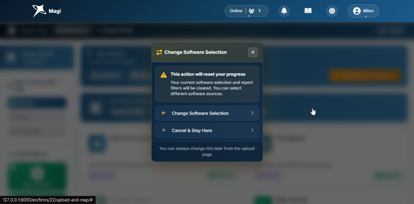 Change Software Selection confirmation window