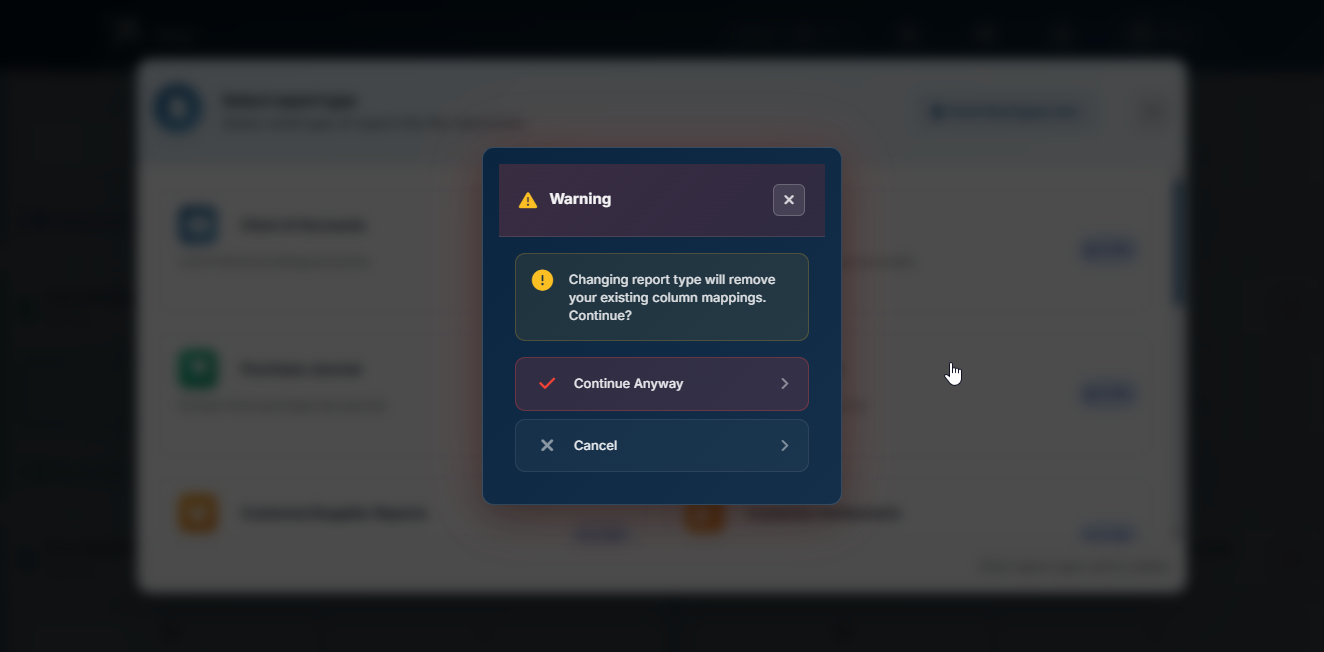 Report type change confirmation window
