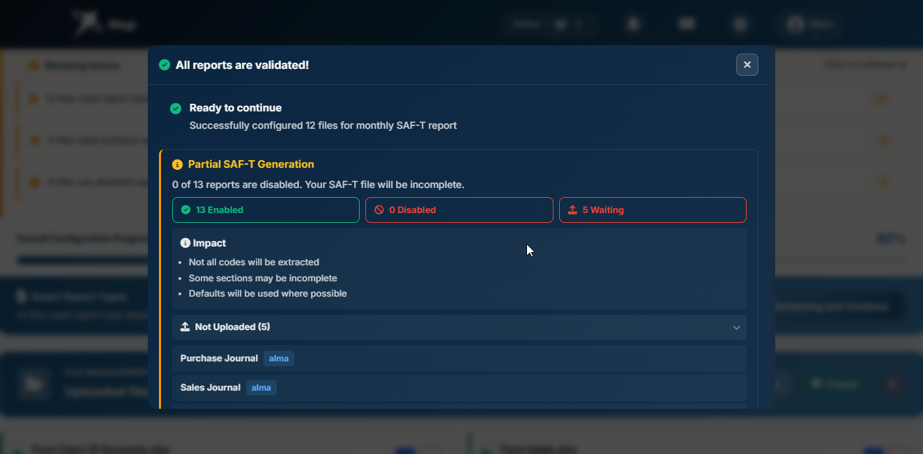 Processing window in Partial state - yellow banner, missing optional reports listed, both buttons still active