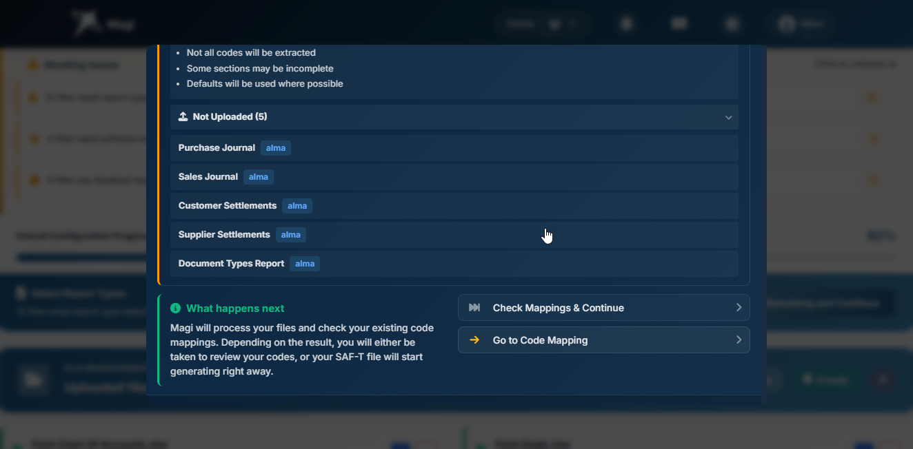 Processing window in Partial state - detail view of the missing reports section and warning callout