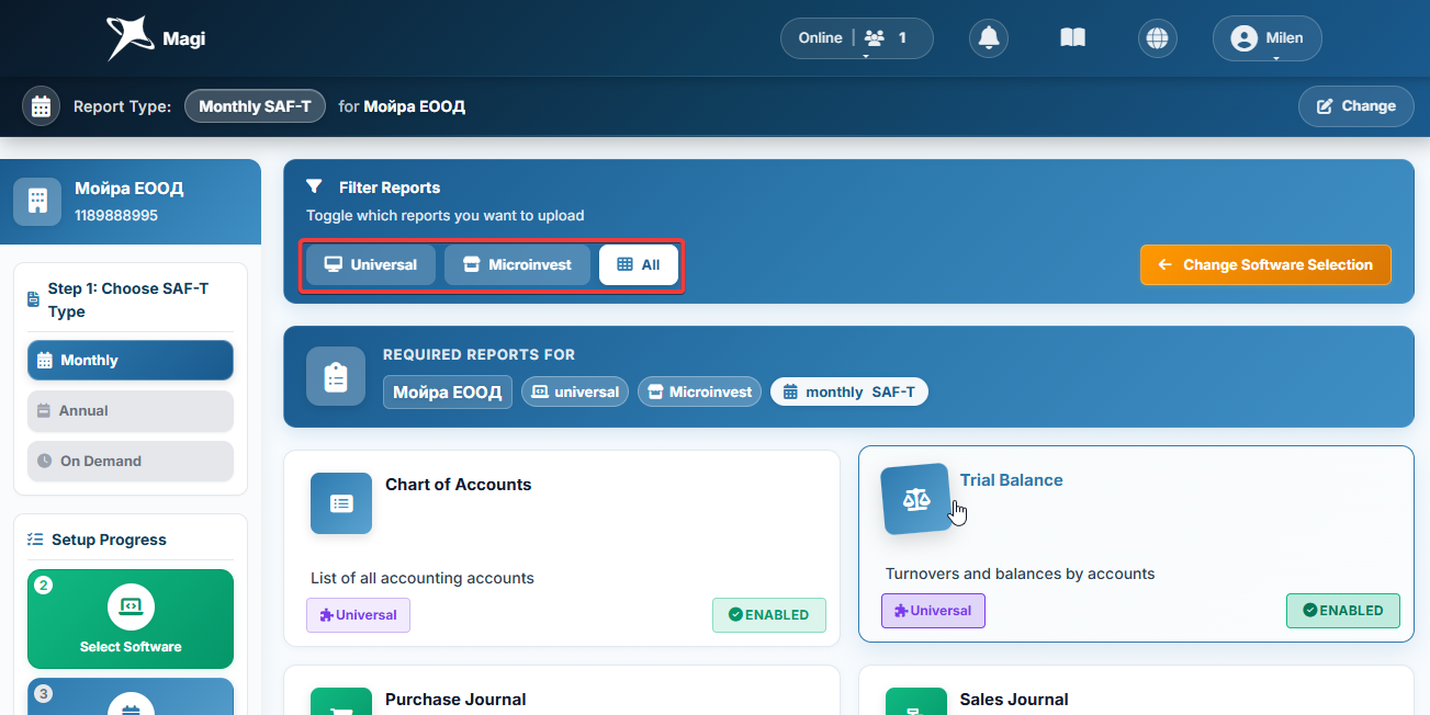 Filter controls bar above the required reports grid