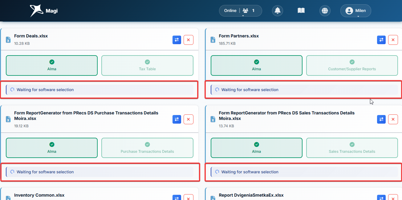 File card in waiting-for-software state with disabled buttons